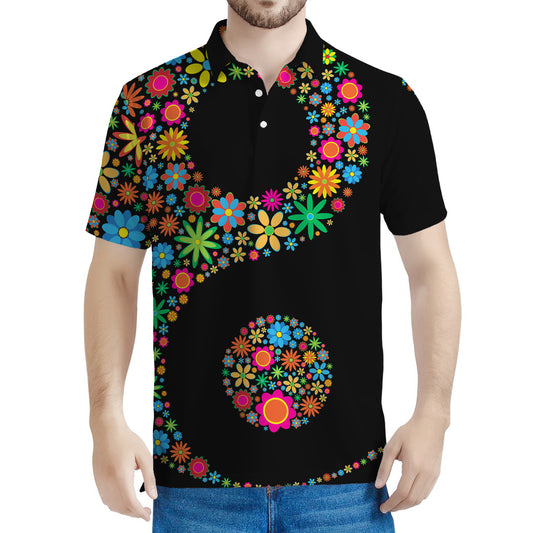 Colorful Flowers Yin Yang Print Men's Polo Shirt