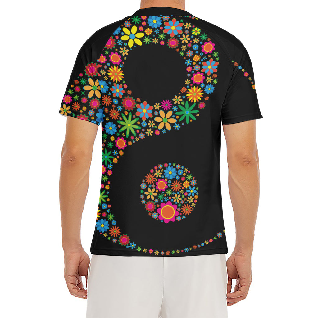 Colorful Flowers Yin Yang Print Men's Short Sleeve Rash Guard