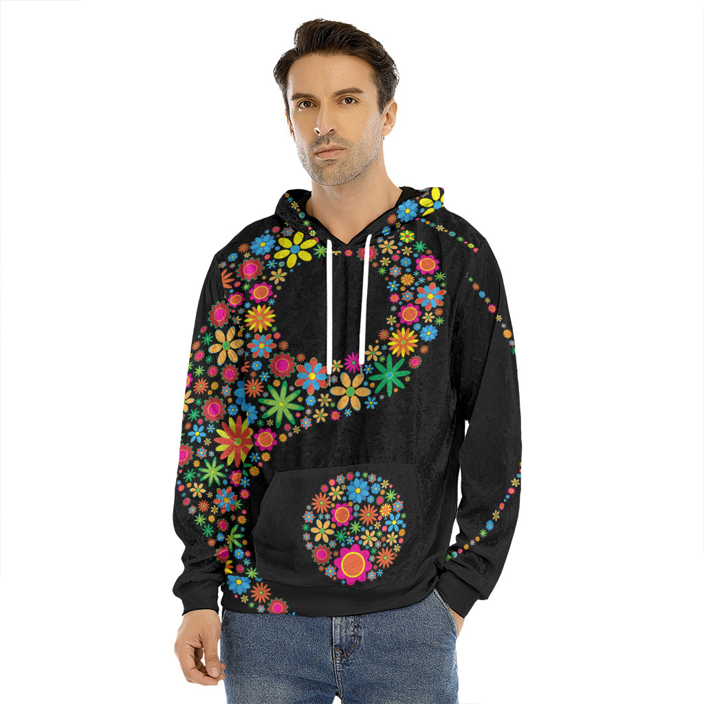 Colorful Flowers Yin Yang Print Men's Velvet Pullover Hoodie