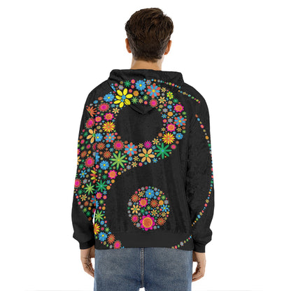 Colorful Flowers Yin Yang Print Men's Velvet Pullover Hoodie