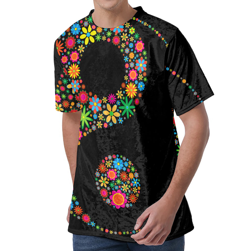 Colorful Flowers Yin Yang Print Men's Velvet T-Shirt