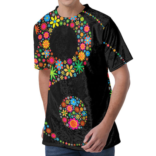 Colorful Flowers Yin Yang Print Men's Velvet T-Shirt