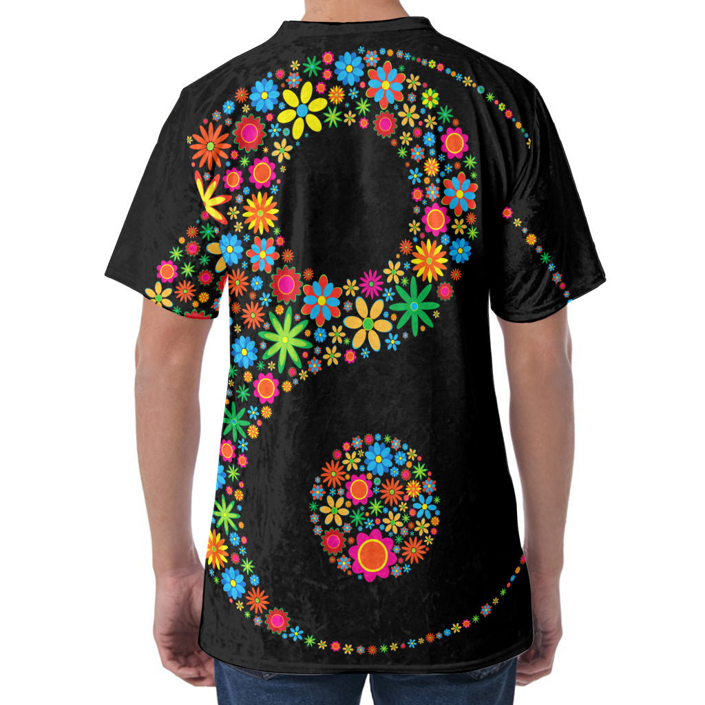 Colorful Flowers Yin Yang Print Men's Velvet T-Shirt