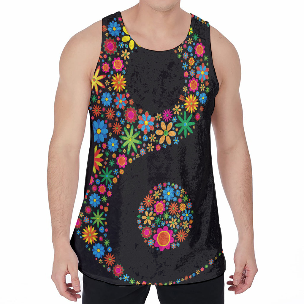 Colorful Flowers Yin Yang Print Men's Velvet Tank Top