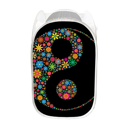 Colorful Flowers Yin Yang Print Mesh Laundry Hamper