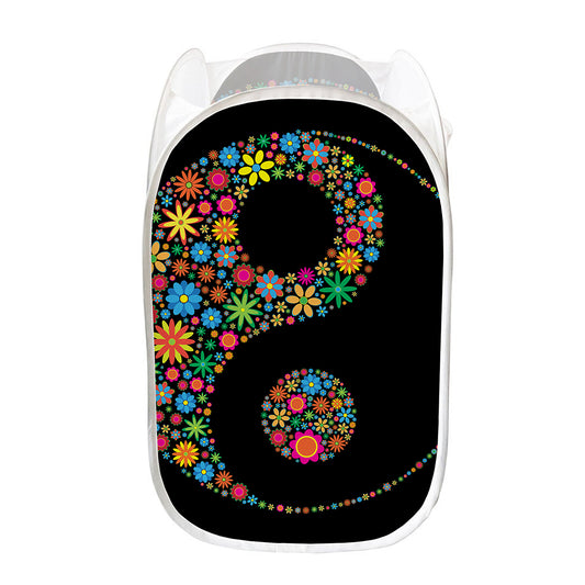 Colorful Flowers Yin Yang Print Mesh Laundry Hamper