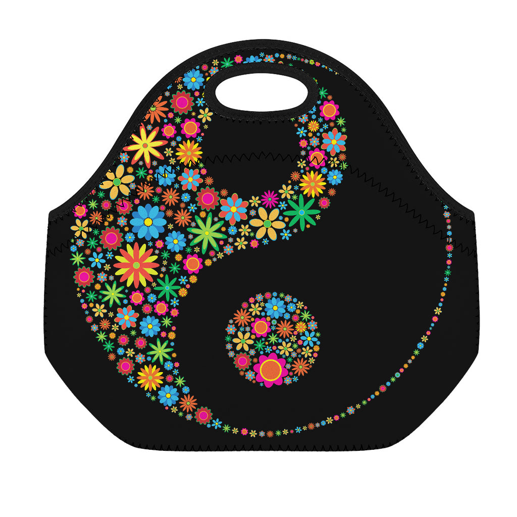 Colorful Flowers Yin Yang Print Neoprene Lunch Bag