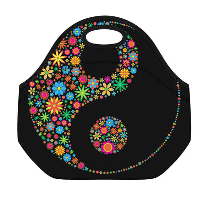 Colorful Flowers Yin Yang Print Neoprene Lunch Bag