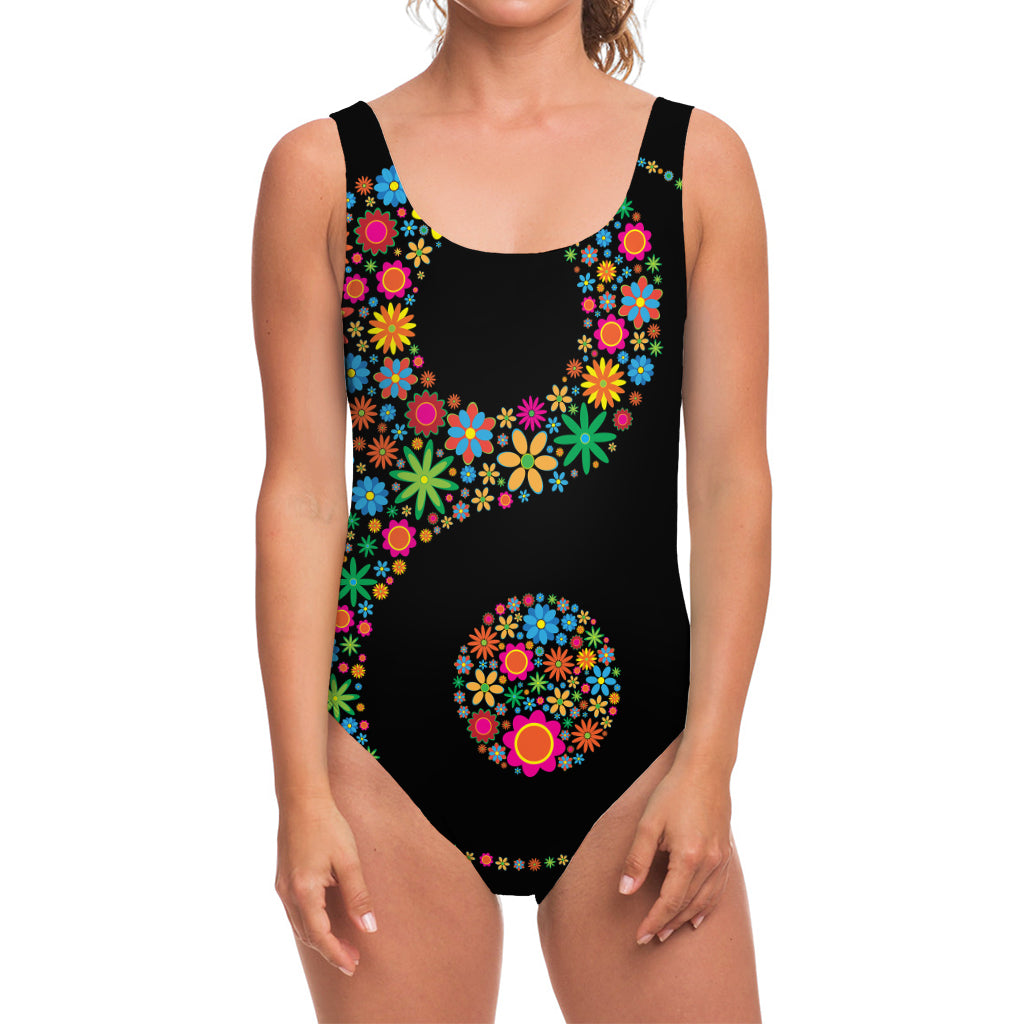 Colorful Flowers Yin Yang Print One Piece Swimsuit