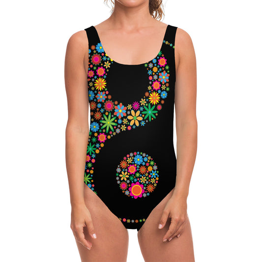 Colorful Flowers Yin Yang Print One Piece Swimsuit