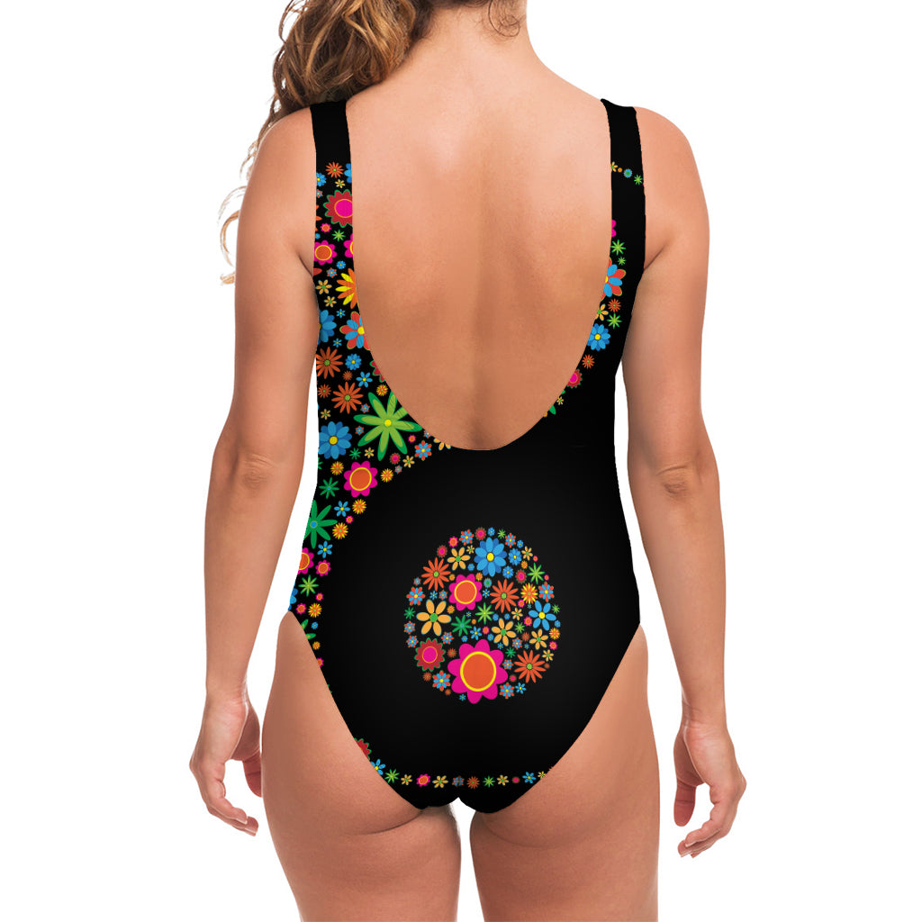 Colorful Flowers Yin Yang Print One Piece Swimsuit