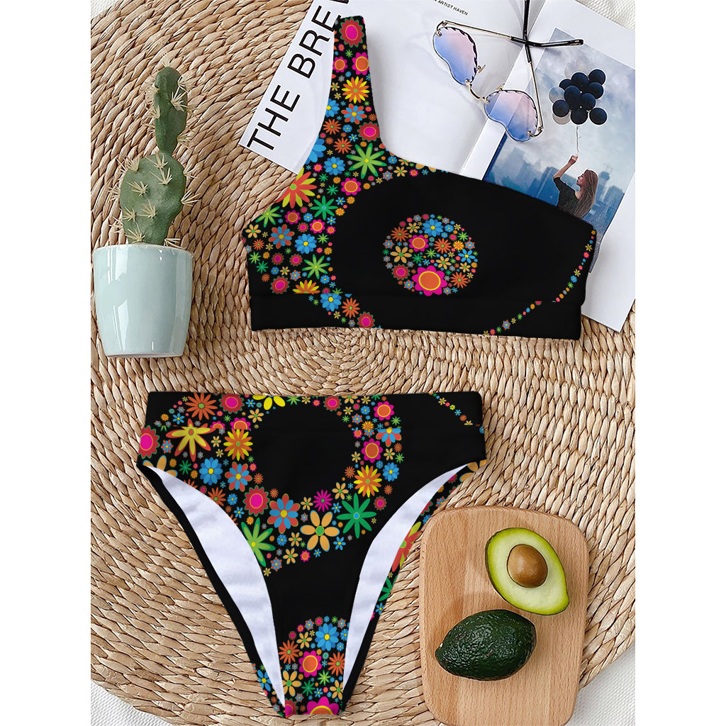 Colorful Flowers Yin Yang Print One Shoulder Bikini Top