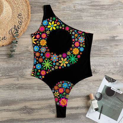 Colorful Flowers Yin Yang Print One Shoulder Bodysuit