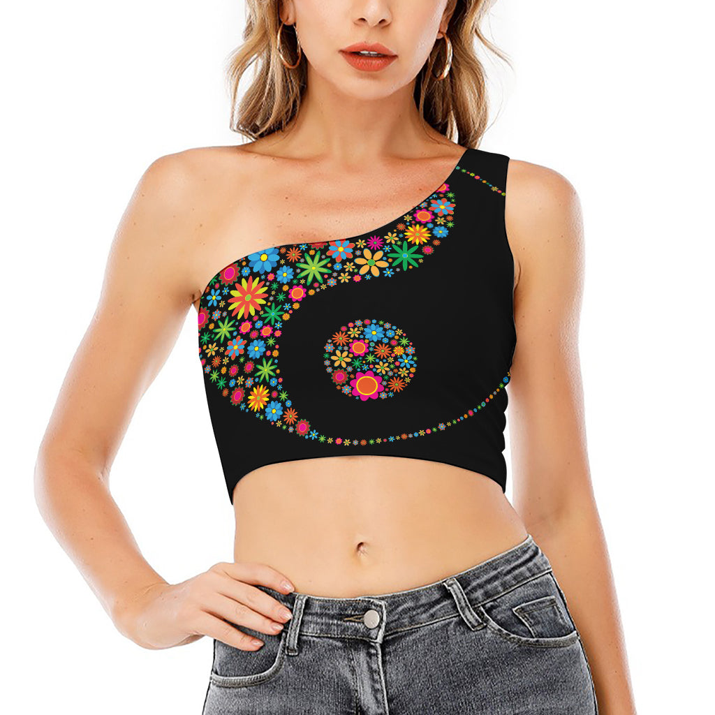 Colorful Flowers Yin Yang Print One Shoulder Crop Top