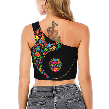 Colorful Flowers Yin Yang Print One Shoulder Crop Top