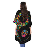 Colorful Flowers Yin Yang Print Open Front Beach Cover Up