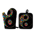 Colorful Flowers Yin Yang Print Oven Mitt And Pot Holder Set