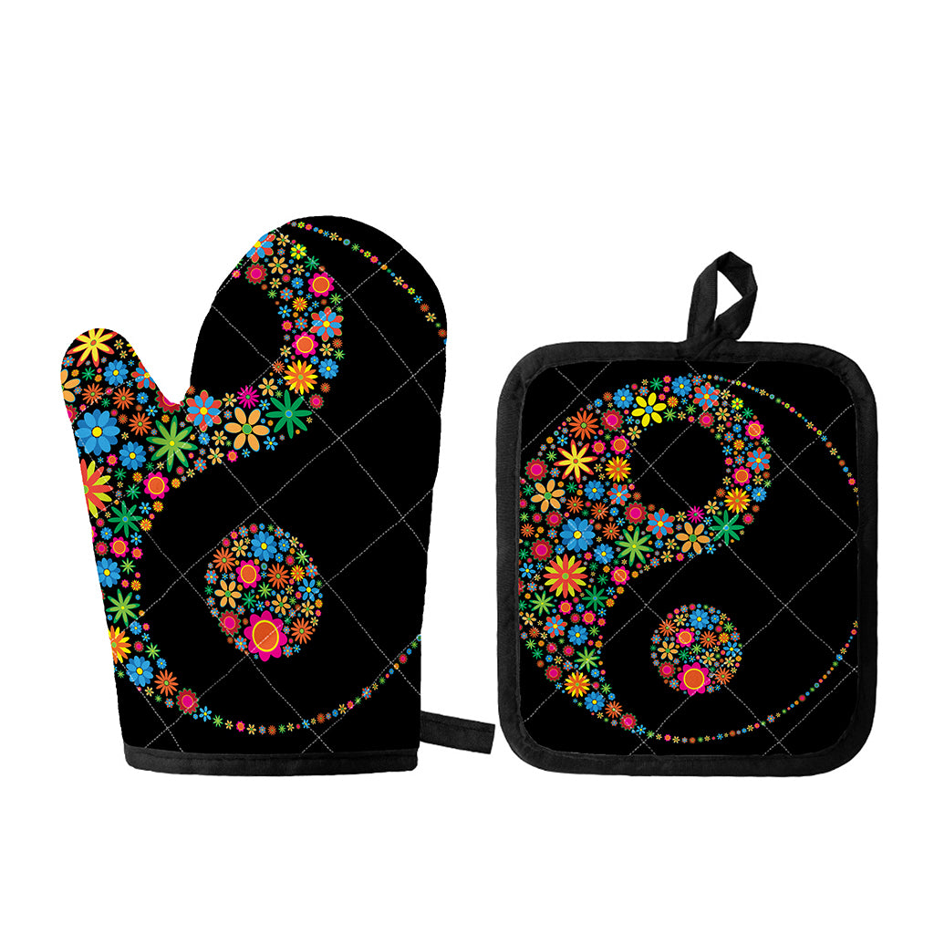 Colorful Flowers Yin Yang Print Oven Mitt And Pot Holder Set
