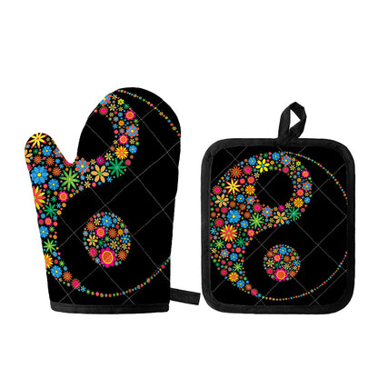 Colorful Flowers Yin Yang Print Oven Mitt And Pot Holder Set