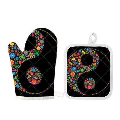 Colorful Flowers Yin Yang Print Oven Mitt And Pot Holder Set