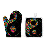 Colorful Flowers Yin Yang Print Oven Mitt And Pot Holder Set