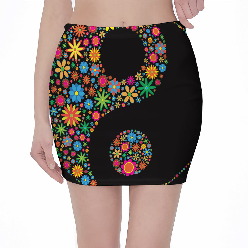 Colorful Flowers Yin Yang Print Pencil Mini Skirt