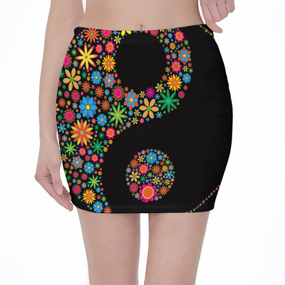 Colorful Flowers Yin Yang Print Pencil Mini Skirt