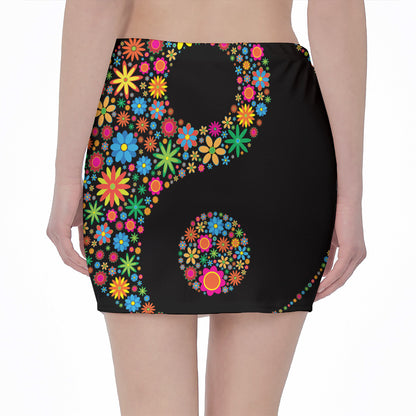 Colorful Flowers Yin Yang Print Pencil Mini Skirt
