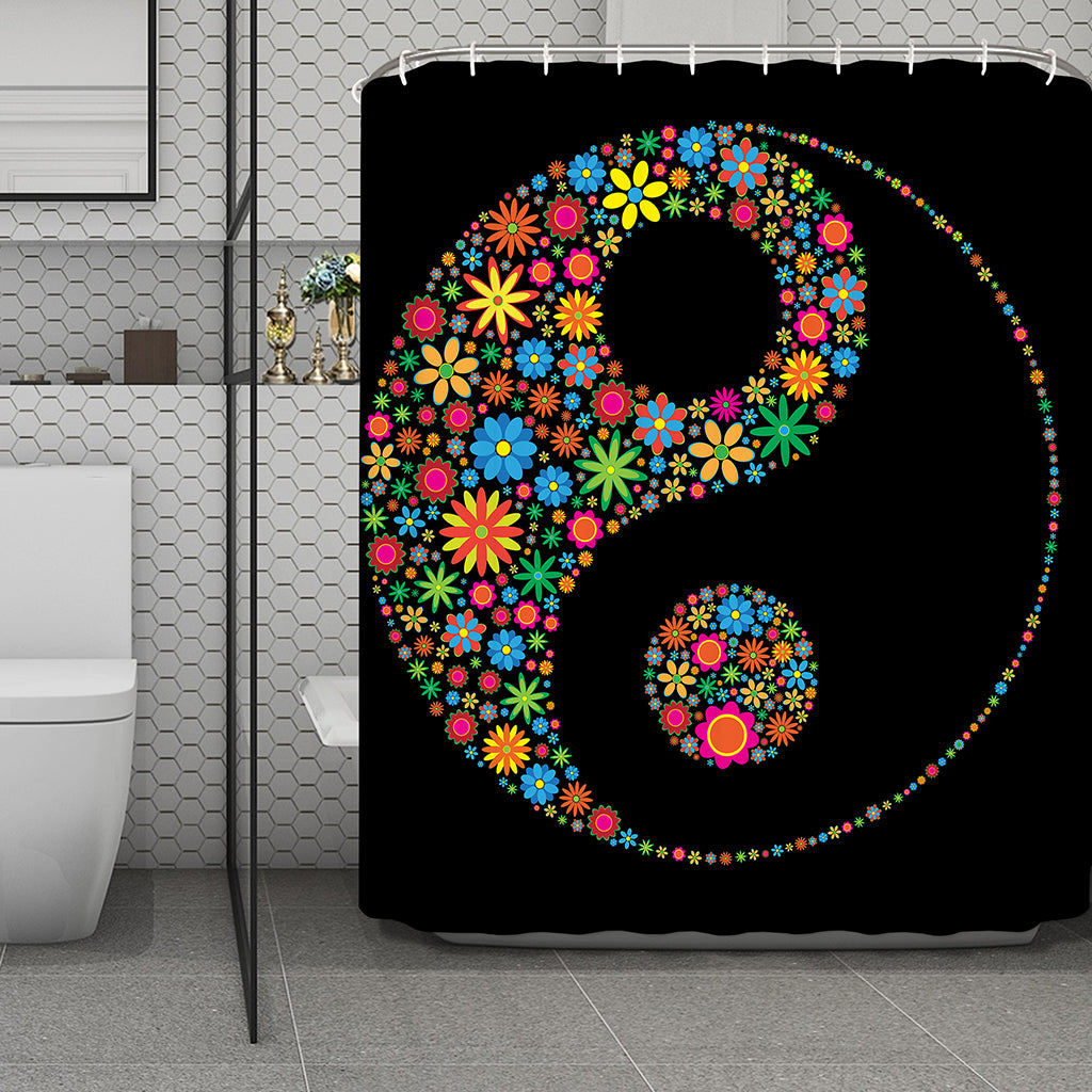 Colorful Flowers Yin Yang Print Polyester Shower Curtain