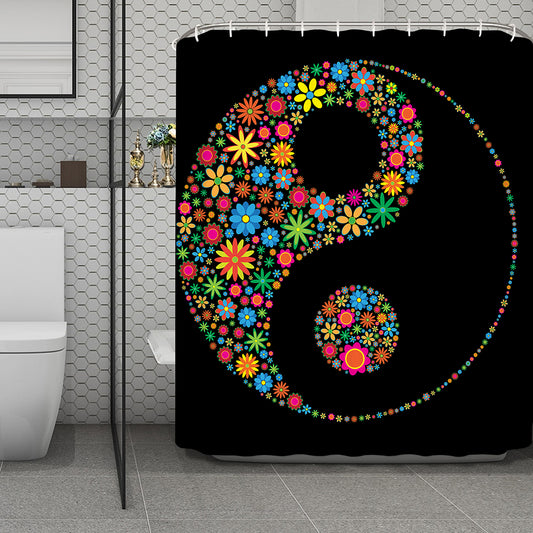 Colorful Flowers Yin Yang Print Polyester Shower Curtain