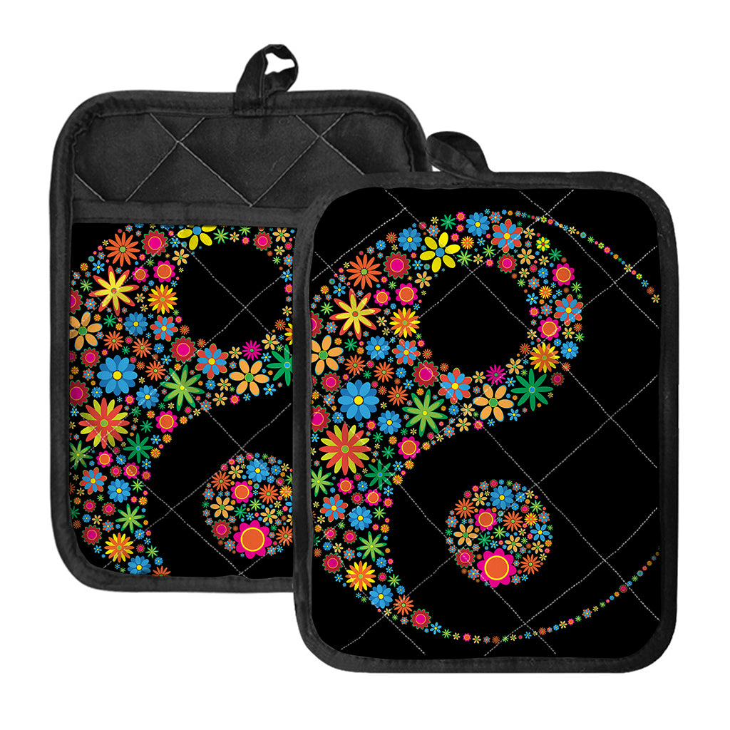 Colorful Flowers Yin Yang Print Pot Holders With Pocket