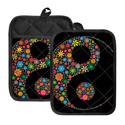 Colorful Flowers Yin Yang Print Pot Holders With Pocket