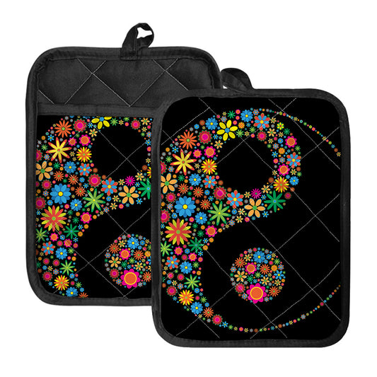 Colorful Flowers Yin Yang Print Pot Holders With Pocket