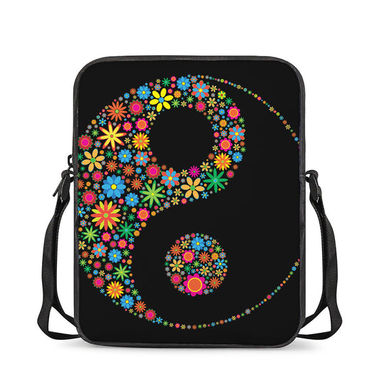 Colorful Flowers Yin Yang Print Rectangular Crossbody Bag