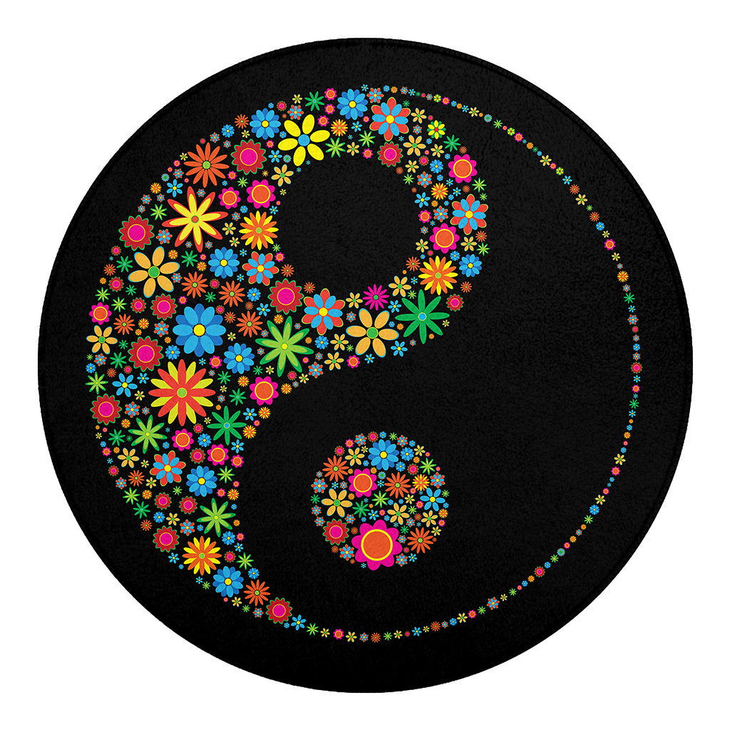 Colorful Flowers Yin Yang Print Round Blanket