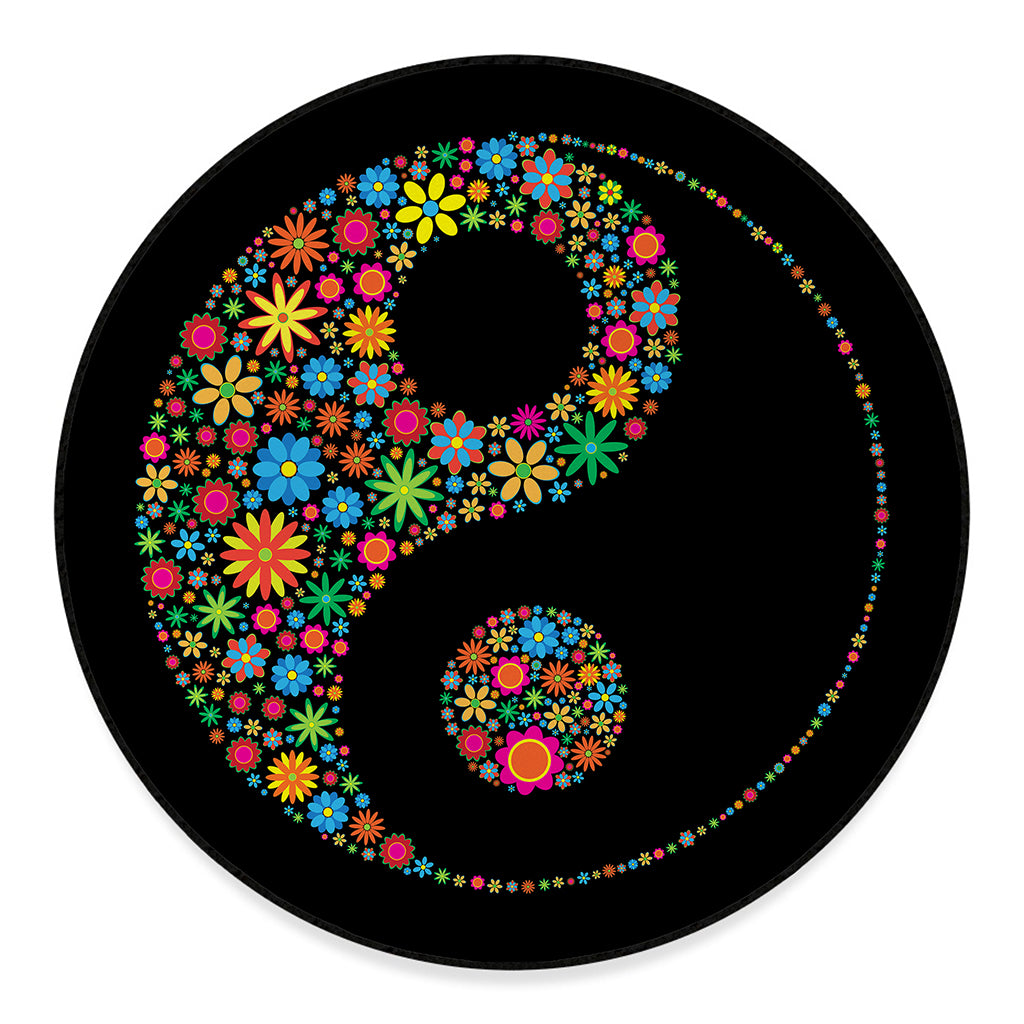Colorful Flowers Yin Yang Print Round Floor Mat