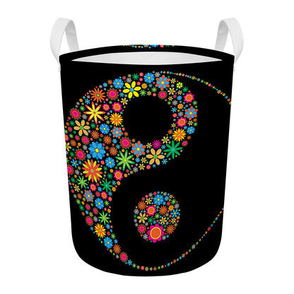 Colorful Flowers Yin Yang Print Round Laundry Basket