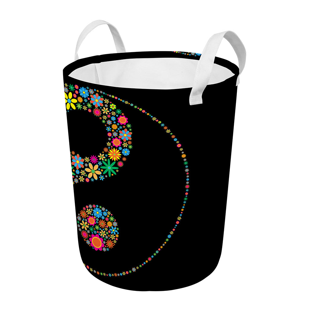 Colorful Flowers Yin Yang Print Round Laundry Basket