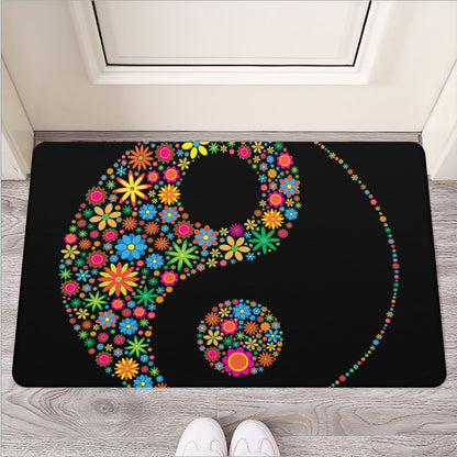 Colorful Flowers Yin Yang Print Rubber Doormat