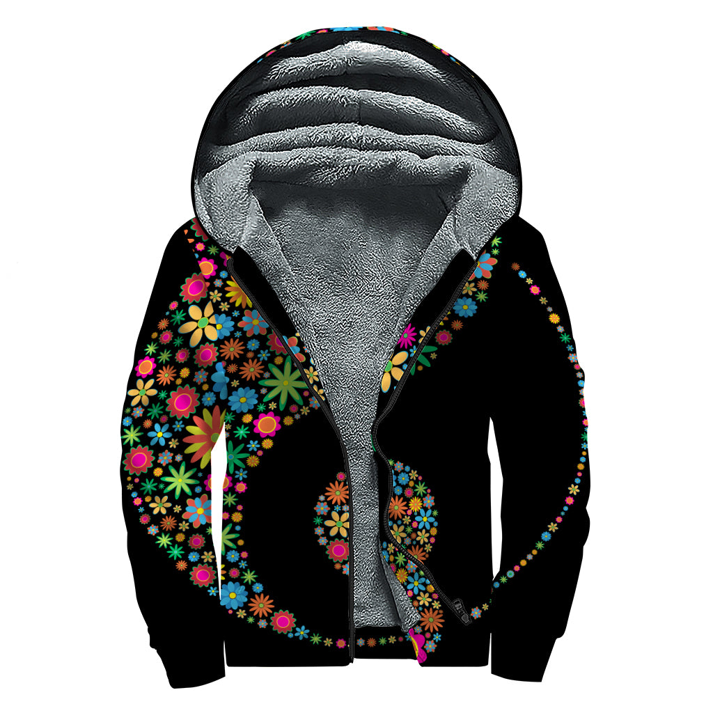 Colorful Flowers Yin Yang Print Sherpa Lined Zip Up Hoodie