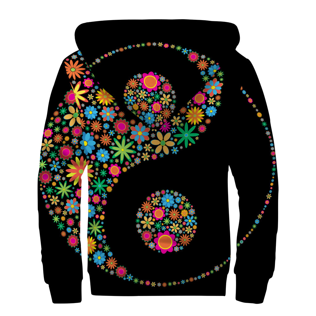 Colorful Flowers Yin Yang Print Sherpa Lined Zip Up Hoodie
