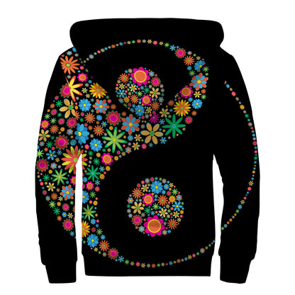 Colorful Flowers Yin Yang Print Sherpa Lined Zip Up Hoodie
