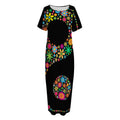 Colorful Flowers Yin Yang Print Short Sleeve Long Nightdress
