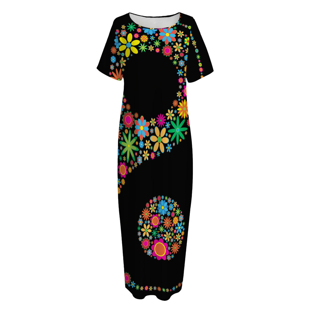 Colorful Flowers Yin Yang Print Short Sleeve Long Nightdress