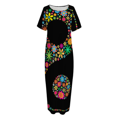 Colorful Flowers Yin Yang Print Short Sleeve Long Nightdress