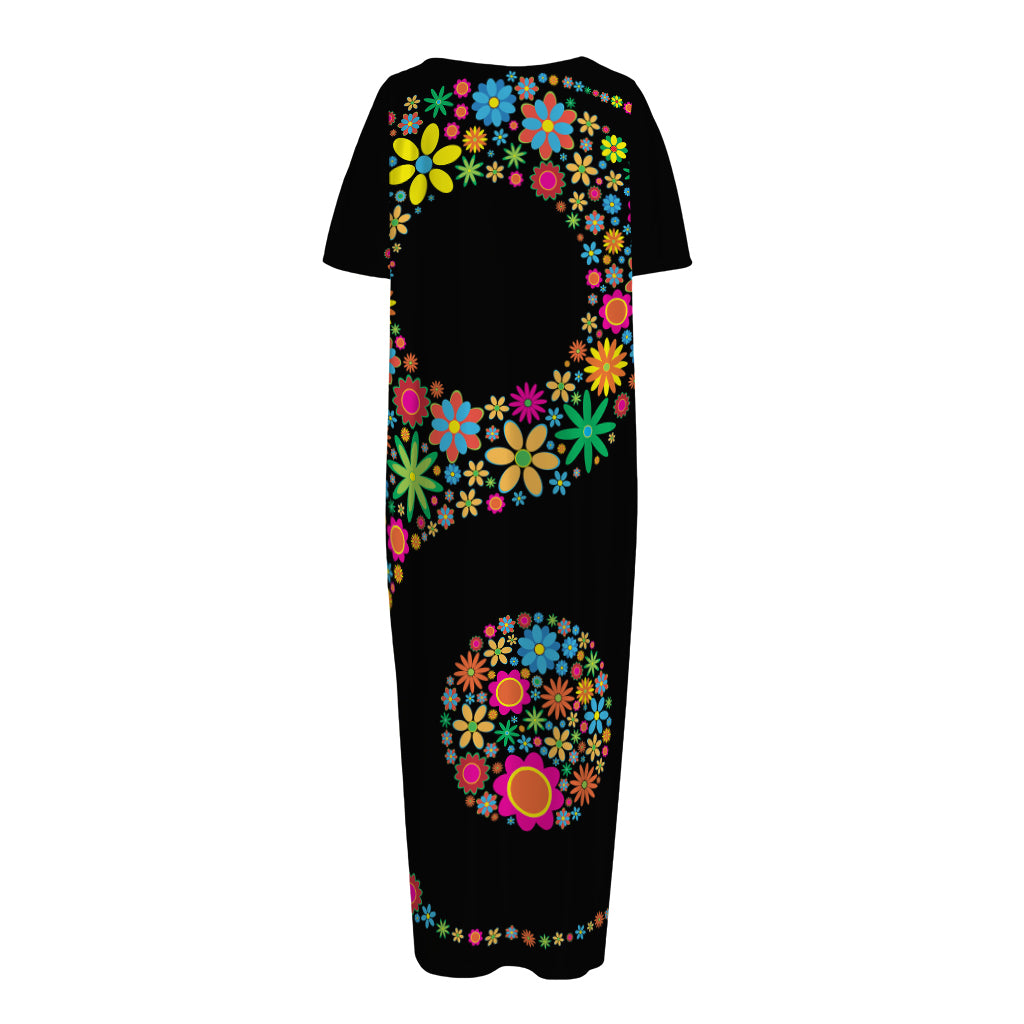 Colorful Flowers Yin Yang Print Short Sleeve Long Nightdress