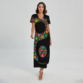 Colorful Flowers Yin Yang Print Short Sleeve Maxi Dress