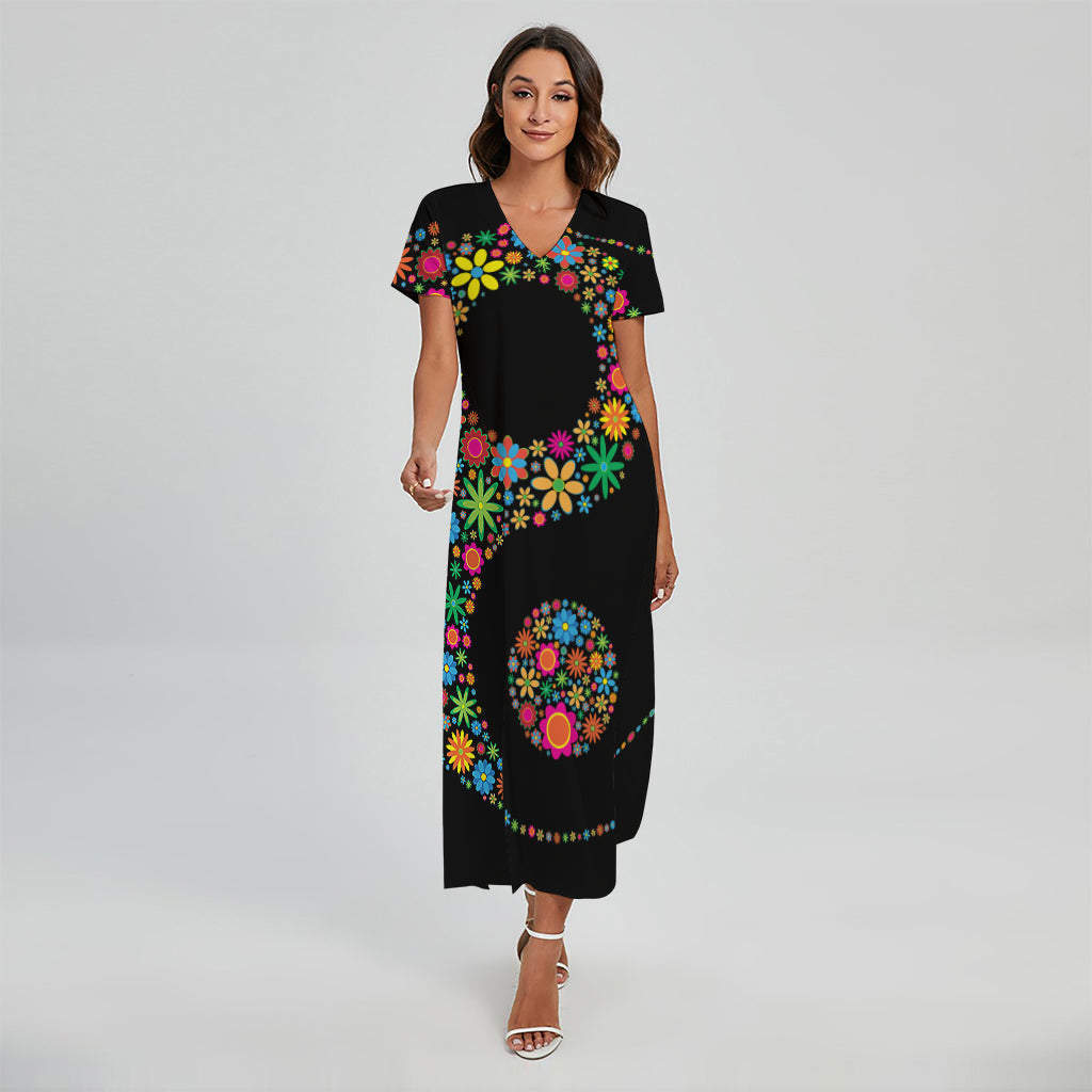 Colorful Flowers Yin Yang Print Short Sleeve Maxi Dress