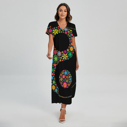 Colorful Flowers Yin Yang Print Short Sleeve Maxi Dress