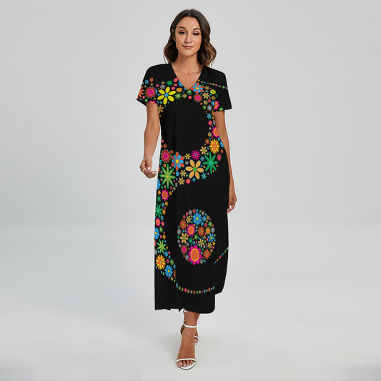 Colorful Flowers Yin Yang Print Short Sleeve Maxi Dress